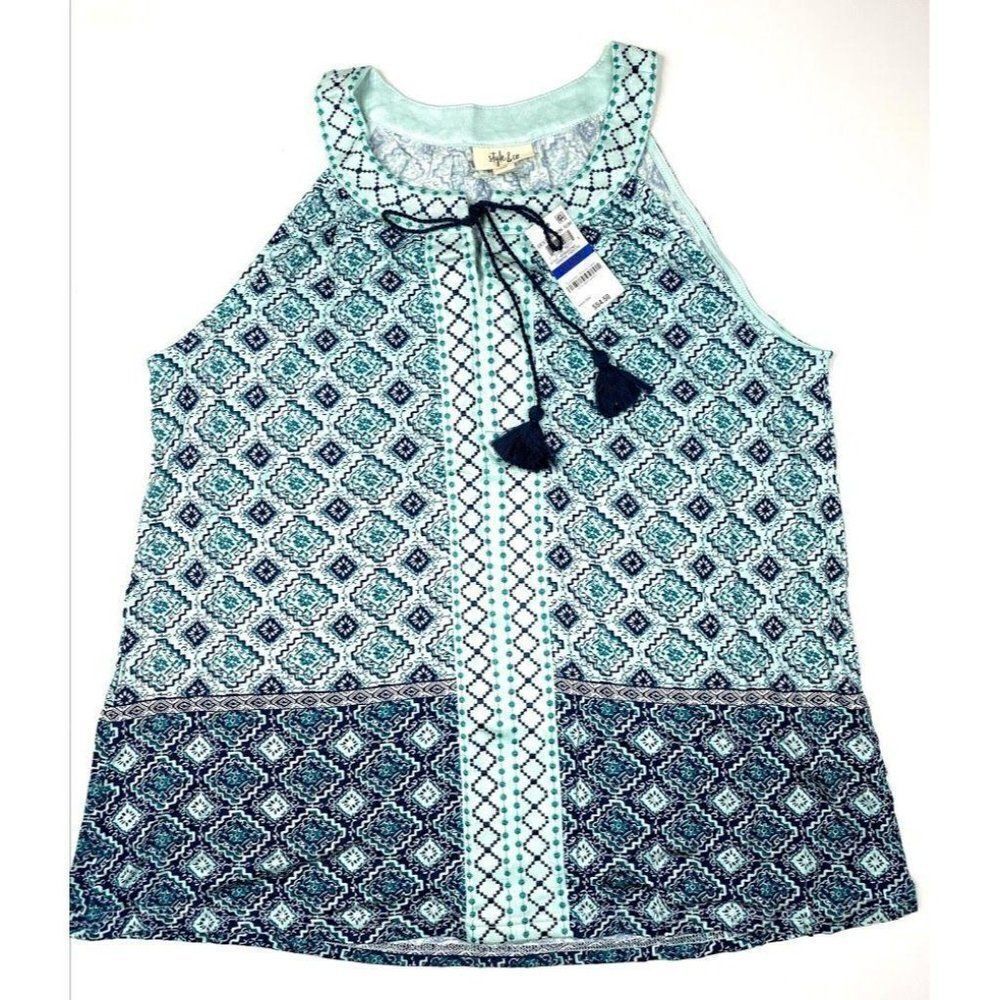 Style‎ & Co Blouse Top Medium Blue Green Sleeveless